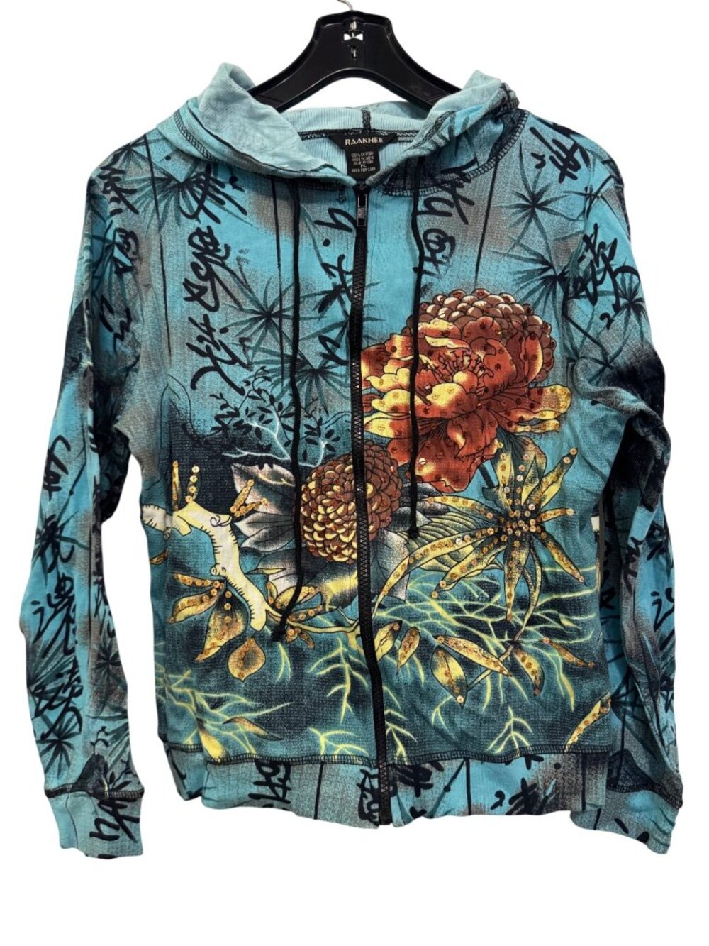 Raakhee Womens Floral Sequin Hoodie Jacket 100% Cotton Turquoise Large